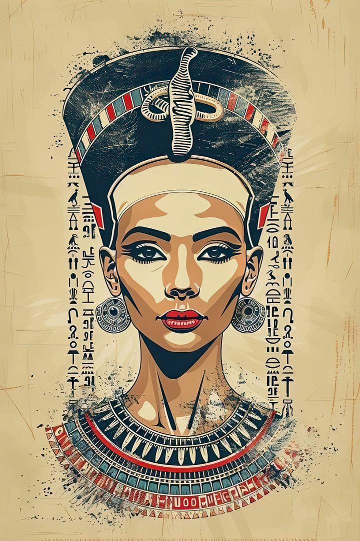 Wadi Home Ancient Egyptian Queen portrait wall art with headdress, jewelry, and hieroglyphs. Textured painterly effect.