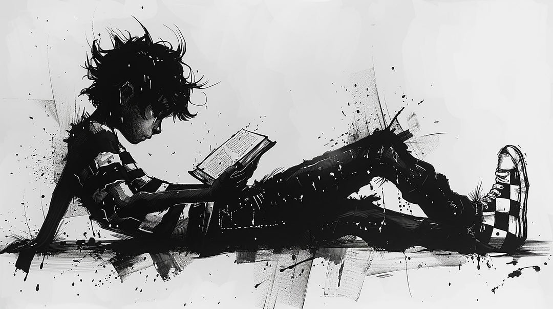 Wadi Home abstract black and white wall art of a child reading a book, with dynamic brushstrokes and ink splatters.