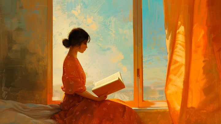 Wadi Home wall art: Woman in orange dress reading by window with blue sky and orange curtains.