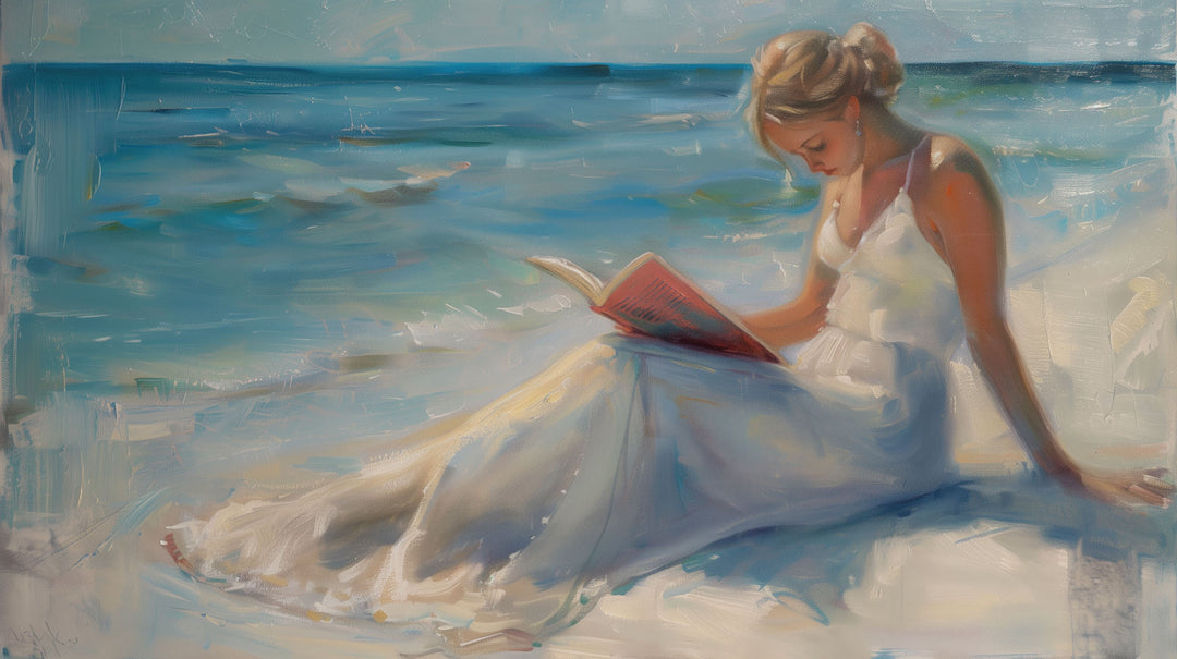 Wadi Home canvas art of a woman in a white dress reading a book on a serene beach with blue ocean waves.
