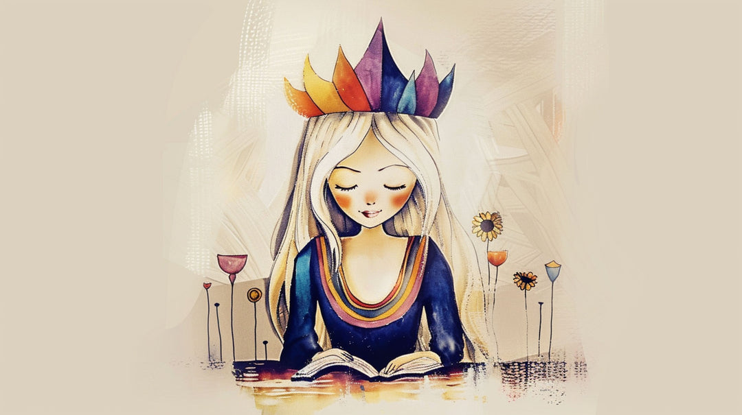 Wadi Home crowned reader wall art, watercolor style, young girl with colorful crown reading a book, serene and imaginative decor.
