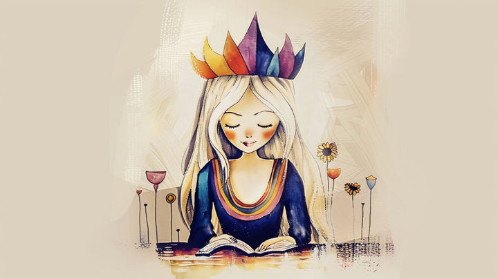 Wadi Home crowned reader wall art, watercolor style, young girl with colorful crown reading a book, serene and imaginative decor.