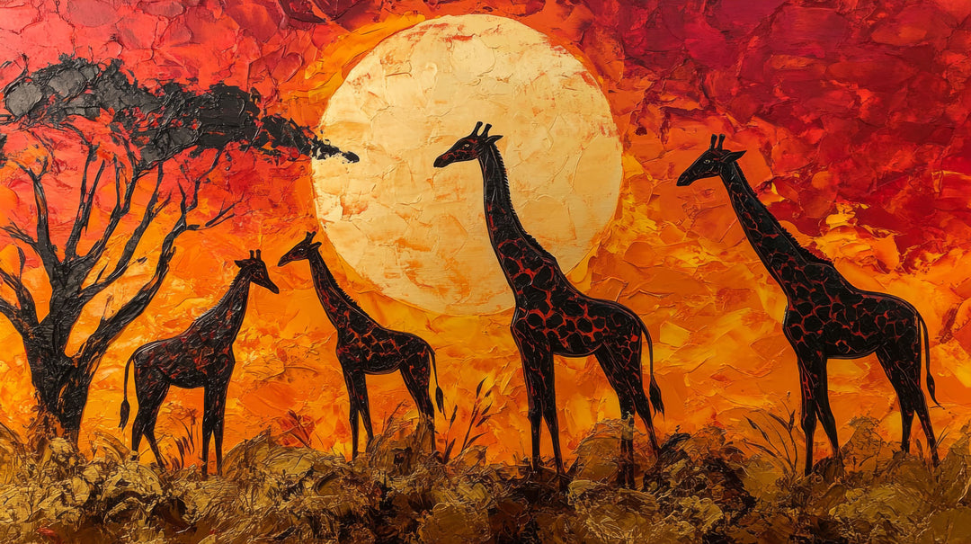 Wadi Home African Sunset Giraffe textured painting with vibrant reds, oranges, and yellows. Features giraffes silhouetted against a large sun.