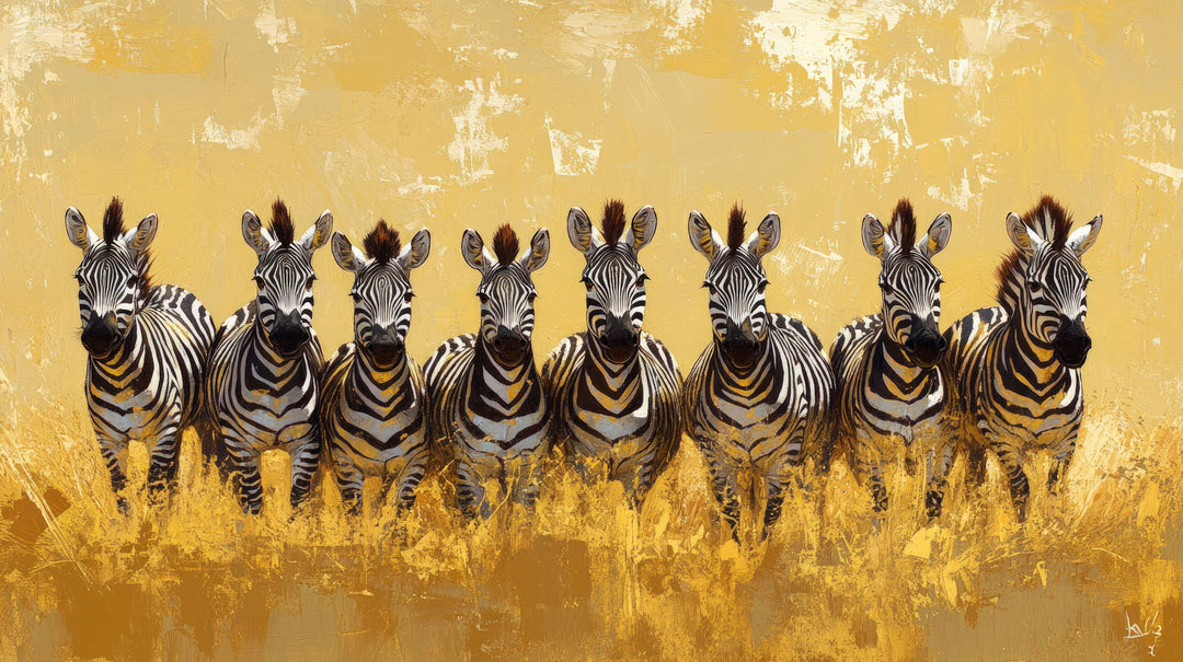 Wadi Home Zebras in Golden Field Wall Art, a row of zebras in a textured golden field.