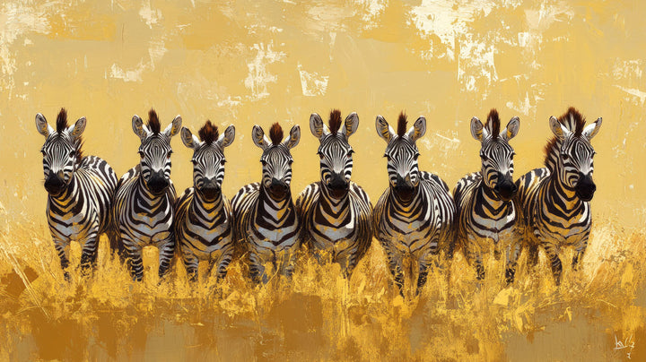 Wadi Home Zebras in Golden Field Wall Art, a row of zebras in a textured golden field.