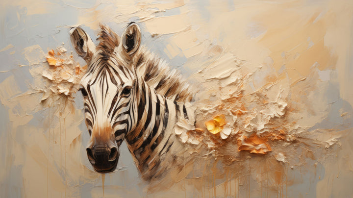 Wadi Home textured zebra portrait wall art with impasto texture, featuring a close-up of a zebra's face in cream, beige, orange, black, and white.
