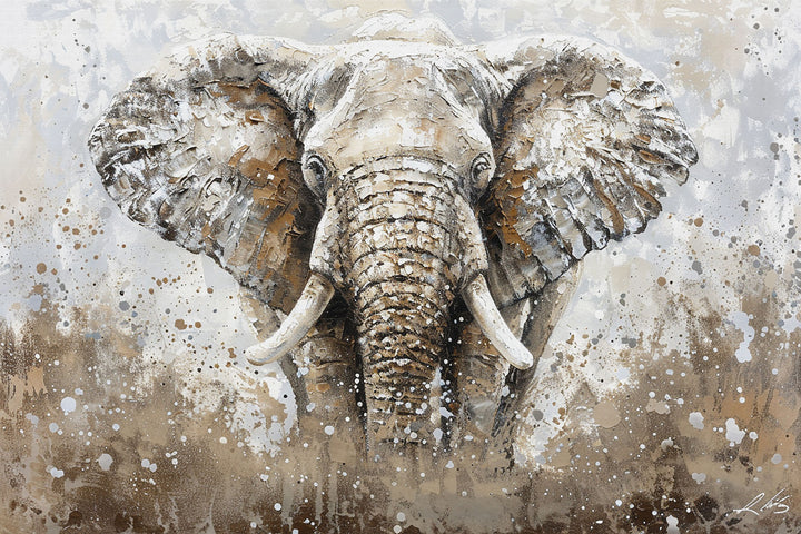 Wadi Home elephant portrait wall art in earthy tones with abstract splattered background. Textured depiction of an elephant's face.