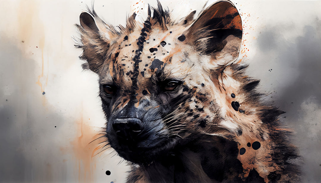 Wadi Home African Hyena Portrait Wall Art, painterly style with earthy tones and bold textures, dramatic composition.