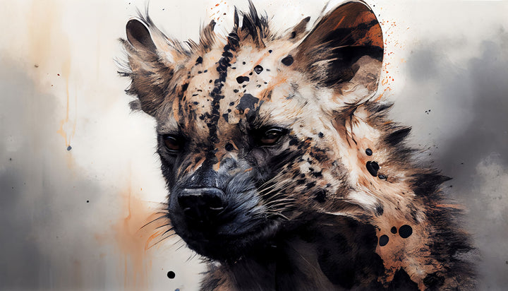 Wadi Home African Hyena Portrait Wall Art, painterly style with earthy tones and bold textures, dramatic composition.