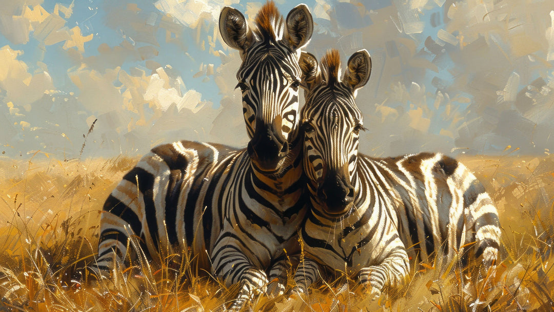 Wadi Home framed or canvas print of two zebras resting in a golden field under a cloudy sky. High-quality glossy print with rich colors.