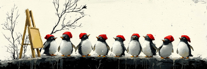 Wadi Home canvas print of penguins in Santa hats standing in a row with an easel. Whimsical holiday art.