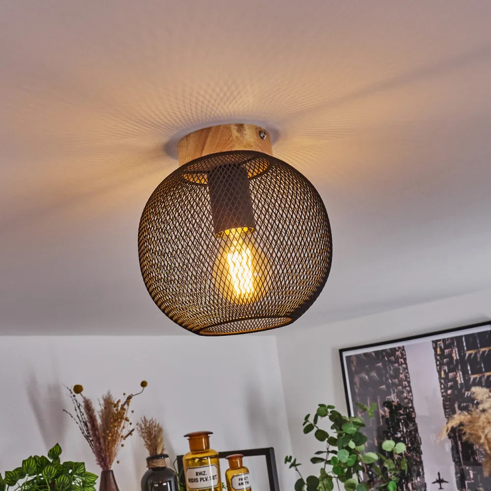 Rustic Mesh Metal and Wood Ceiling Light