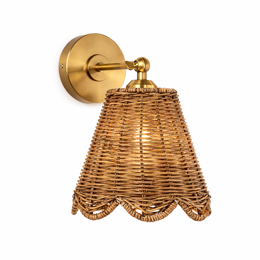 Woven rattan wall sconce with brass base for rustic home decor