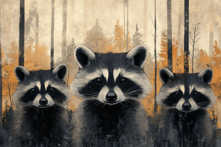 Wadi Home: Three raccoons in a forest, textured painterly style, warm earthy tones, whimsical wall art.