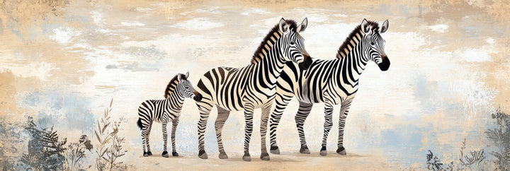 Wadi Home canvas print of three zebras, two adults and a foal, in a savannah landscape with abstract textured background.