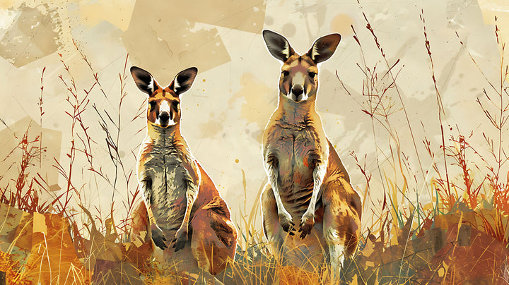 Wadi Home canvas print of two kangaroos in a field of tall, dry grass with warm, earthy tones and abstract background.