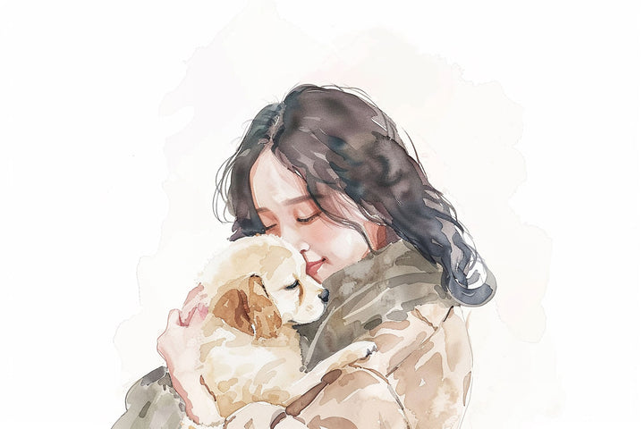 Wadi Home watercolor print of a young woman hugging a golden retriever puppy, soft colors, warm embrace.