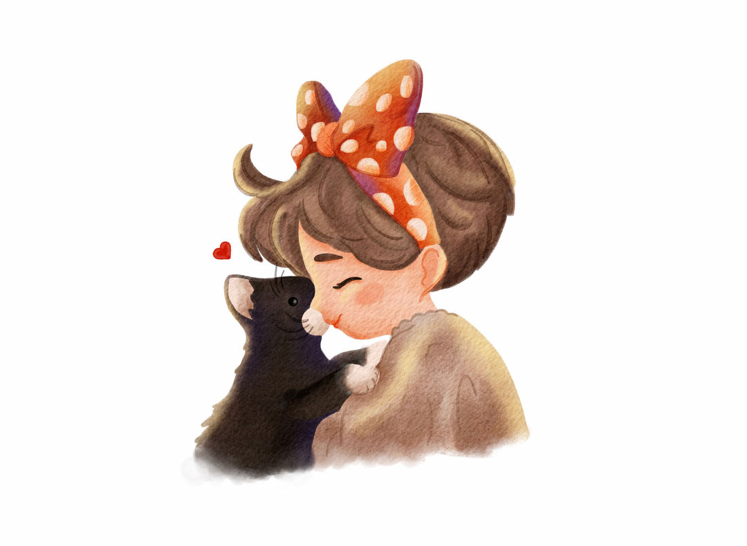 Wadi Home artwork of a girl hugging a black cat with a red bow, watercolor style.