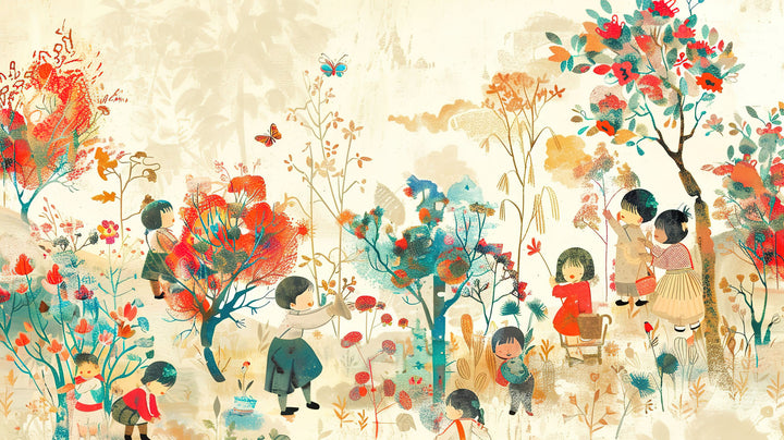 Wadi Home framed wall art print of children playing in a whimsical garden with colorful trees and flowers.