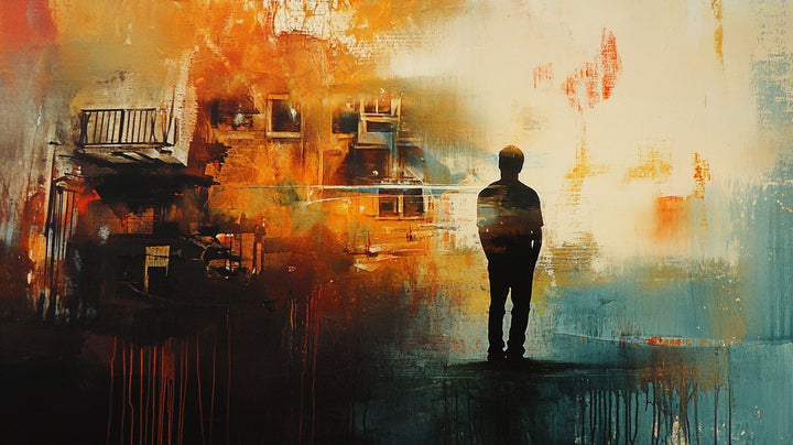 Wadi Home abstract cityscape wall art with solitary figure, warm oranges, deep blues, and earthy tones.