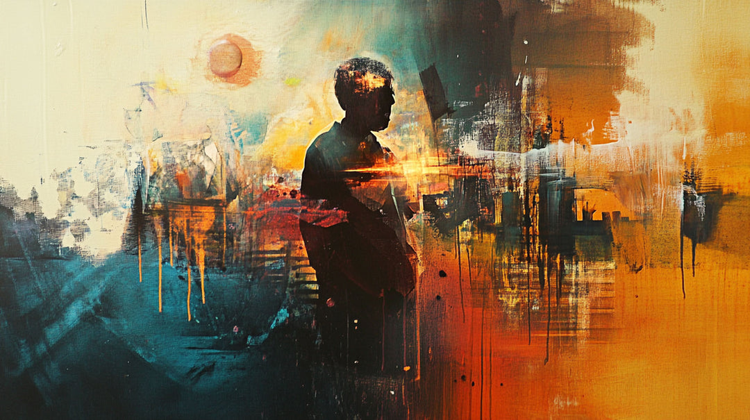 Wadi Home abstract cityscape painting with a lone figure in silhouette, vibrant orange, yellow, and teal hues, textured brushstrokes.