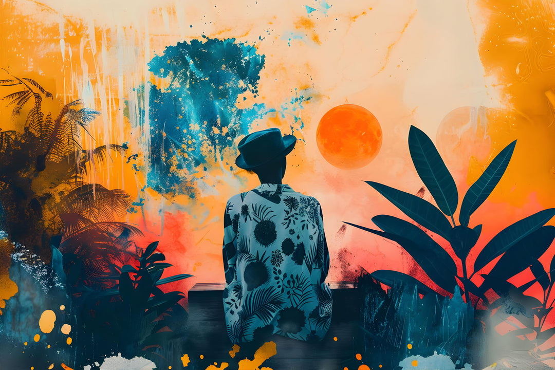 Wadi Home tropical sunset wall art with silhouetted figure, lush foliage, vibrant oranges, blues, and greens.