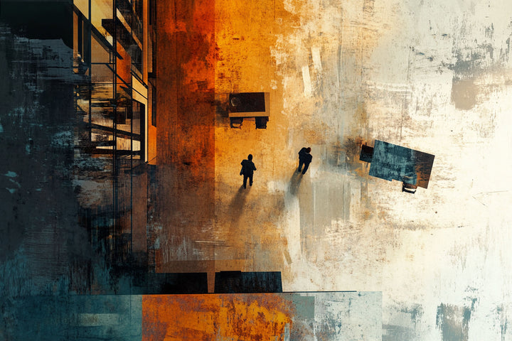 Wadi Home abstract wall art with orange, blue, and neutral tones depicting city figures and textured brushstrokes.