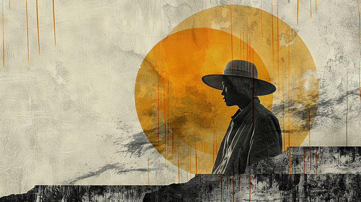 Wadi Home Abstract Silhouette With Sun Wall Art featuring a black silhouette of a person in a hat against a textured orange sun and cream background.