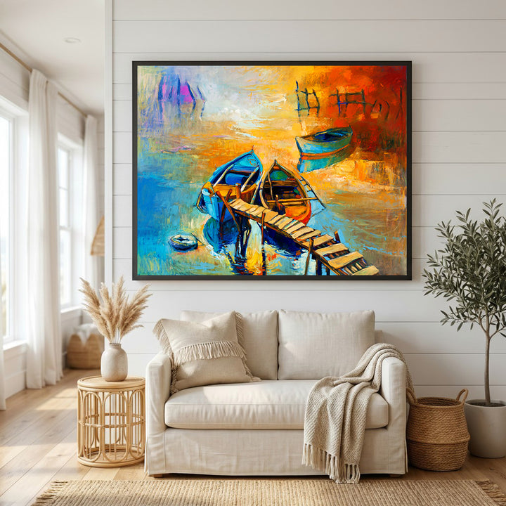 Wadi Home canvas print of boats docked at sunset, impressionistic style with vibrant orange and blue hues reflecting on water.