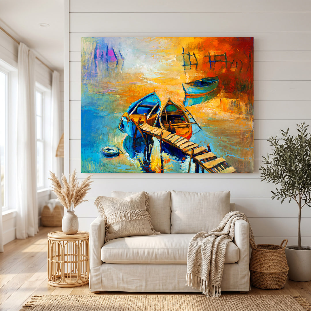 Wadi Home canvas print of boats docked at sunset, impressionistic style with vibrant orange and blue hues reflecting on water.