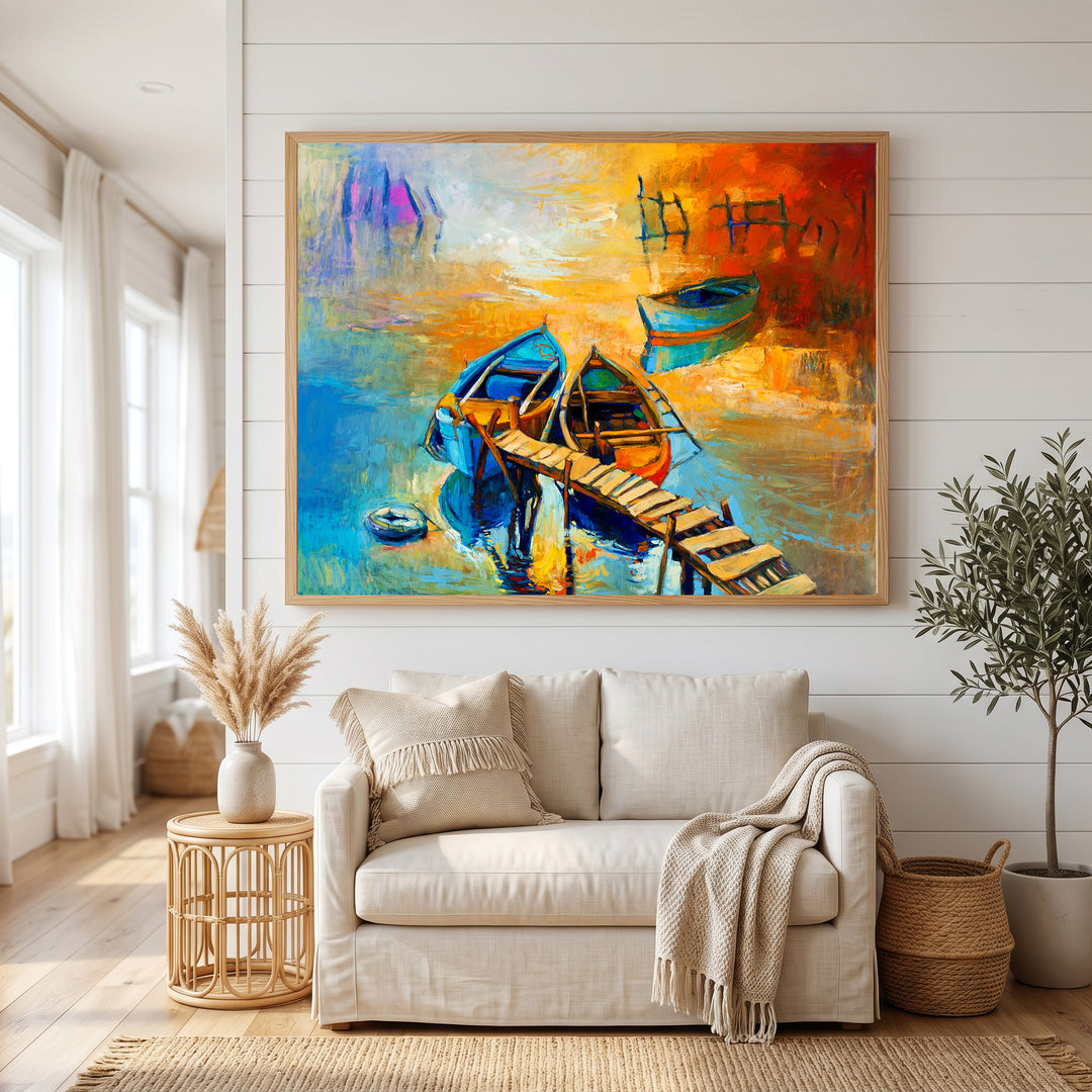 Boats docked at sunset canvas wall art with warm coastal colors