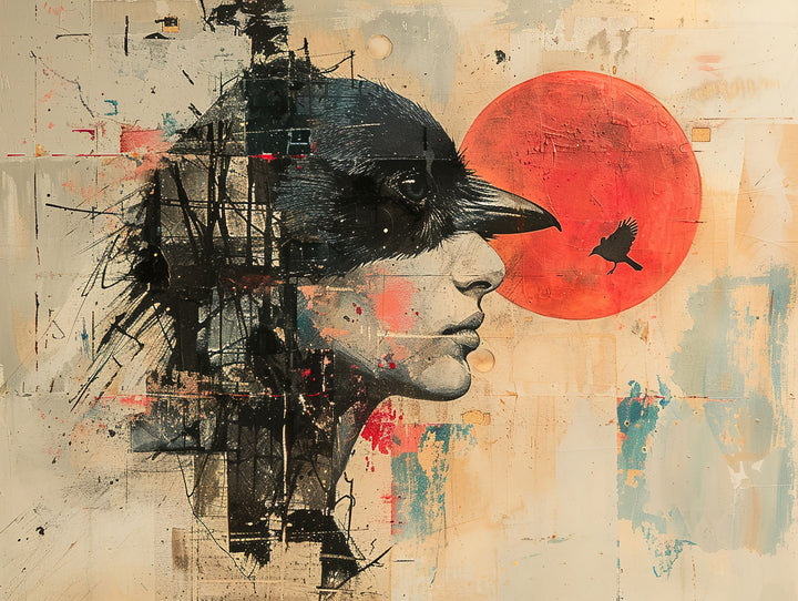 Wadi Home abstract portrait artwork with a profile and a red sun. Features bold lines and textured elements.