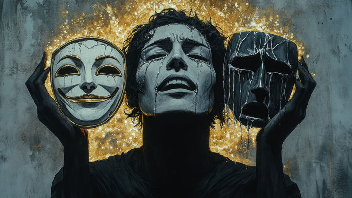 Wadi Home canvas print of a person crying while holding a smiling mask and a crying mask, with golden accents.
