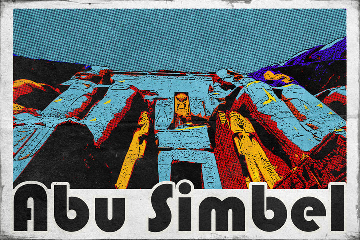Wadi Home Abu Simbel Monumental Artwork, a graphic art print featuring the ancient Egyptian temples in bold colors and a stylized design.