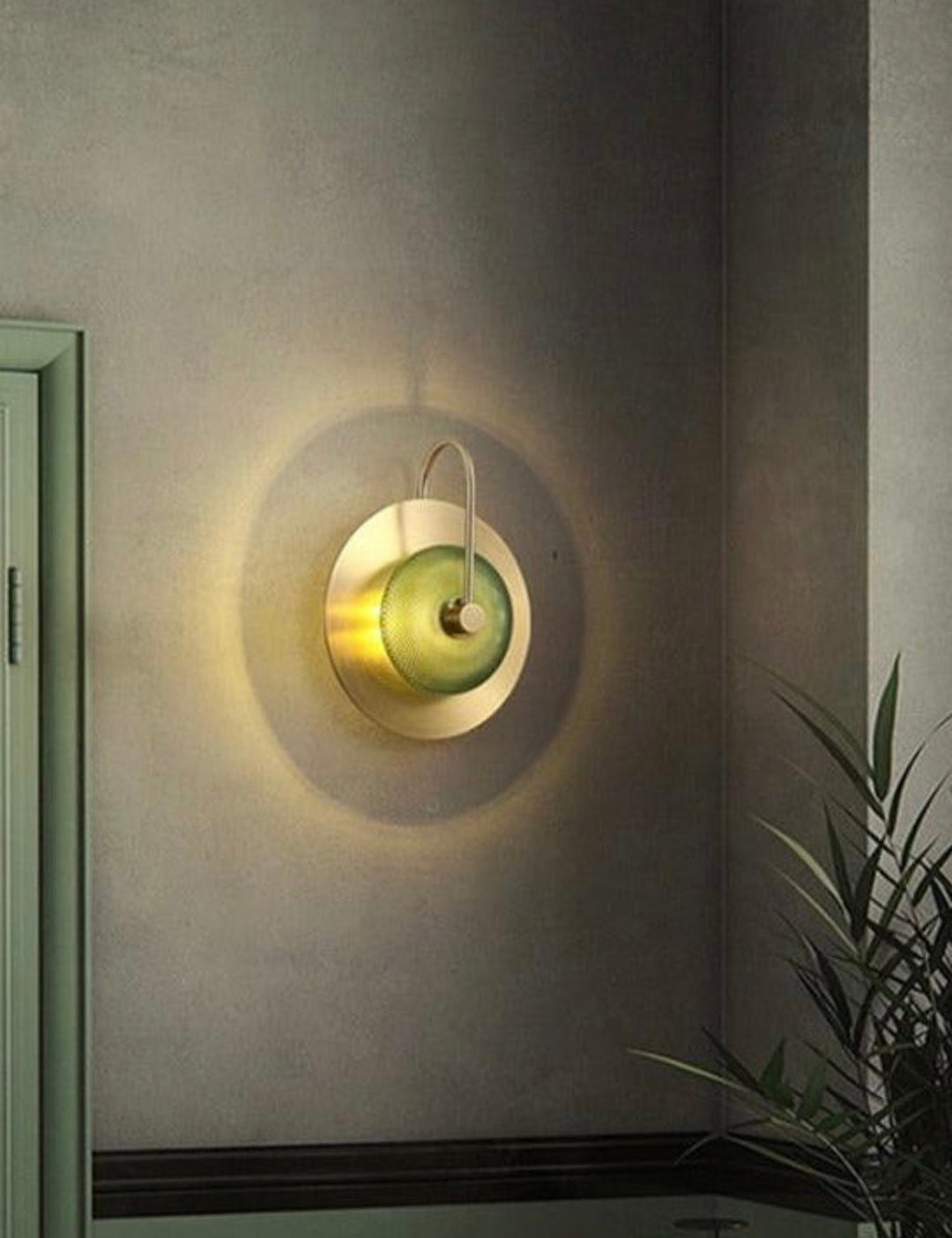 Contemporary Wall Light with Textured Green Glass and Gold Finish