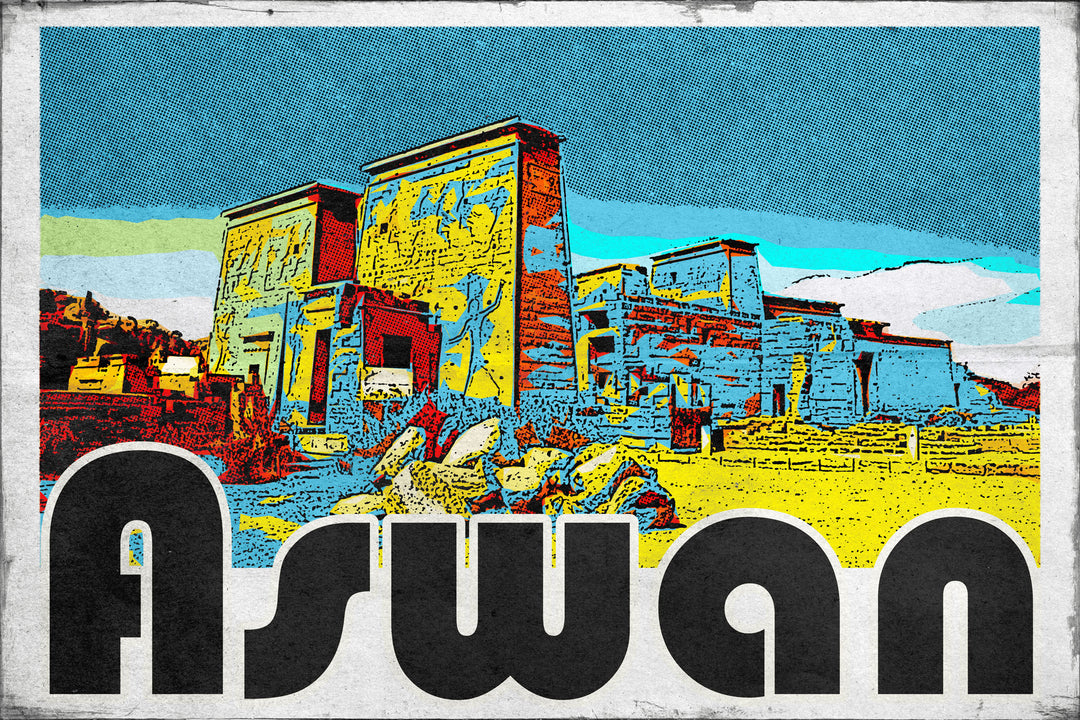 Wadi Home Aswan vintage postcard wall art featuring Egyptian architecture in vibrant yellow, blue, and red with bold black lettering.