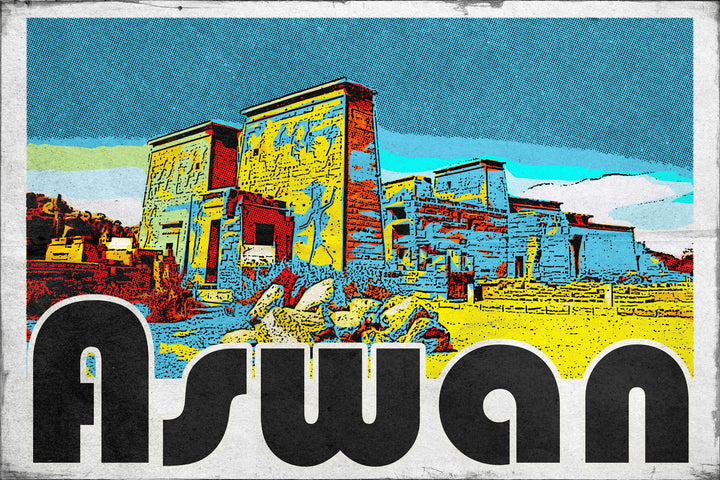 Wadi Home Aswan vintage postcard wall art featuring Egyptian architecture in vibrant yellow, blue, and red with bold black lettering.