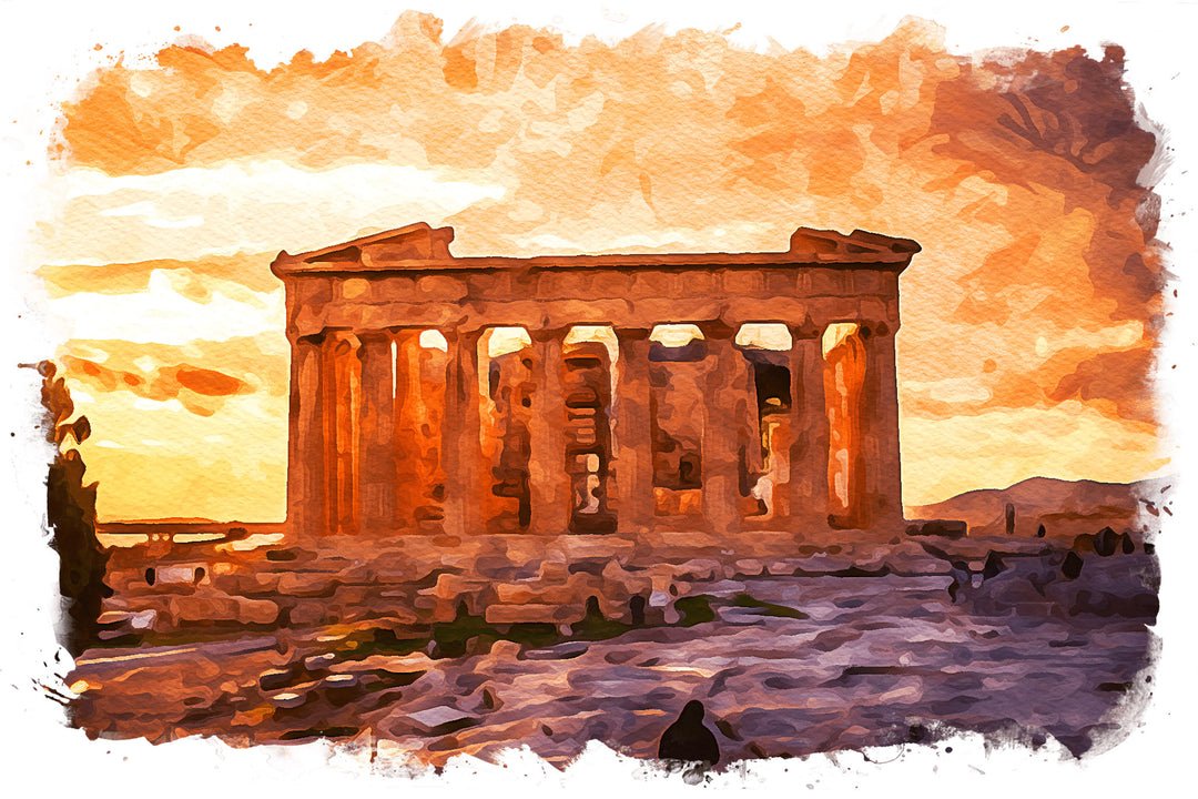 Wadi Home watercolor art of an ancient Greek temple at sunset, with warm orange and yellow hues.