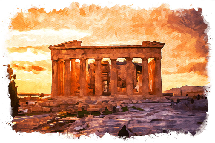 Wadi Home watercolor art of an ancient Greek temple at sunset, with warm orange and yellow hues.