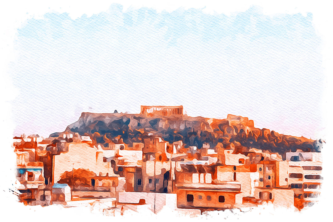 Wadi Home watercolor cityscape wall art featuring historic architecture in warm sunlight, with a dreamy, inviting atmosphere.