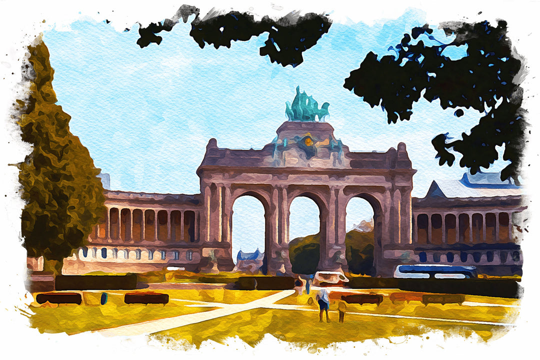 Wadi Home Grand Arch Landscape Wall Art, watercolor style painting of European architecture with blue sky and greenery.