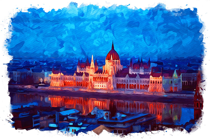 Wadi Home abstract cityscape canvas wall art with vibrant blues and oranges, depicting a city skyline at dusk with reflections.