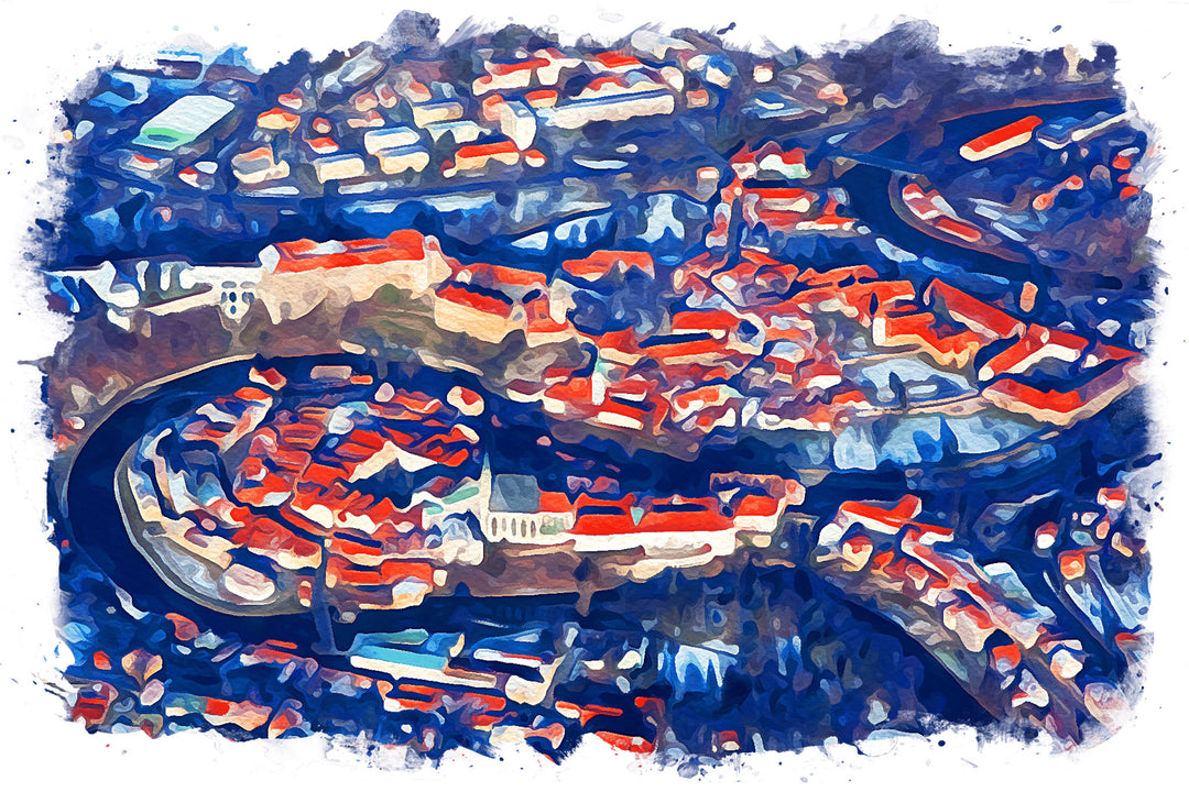 Wadi Home abstract cityscape wall art with vibrant blues and reds, depicting an urban landscape with painterly flair.