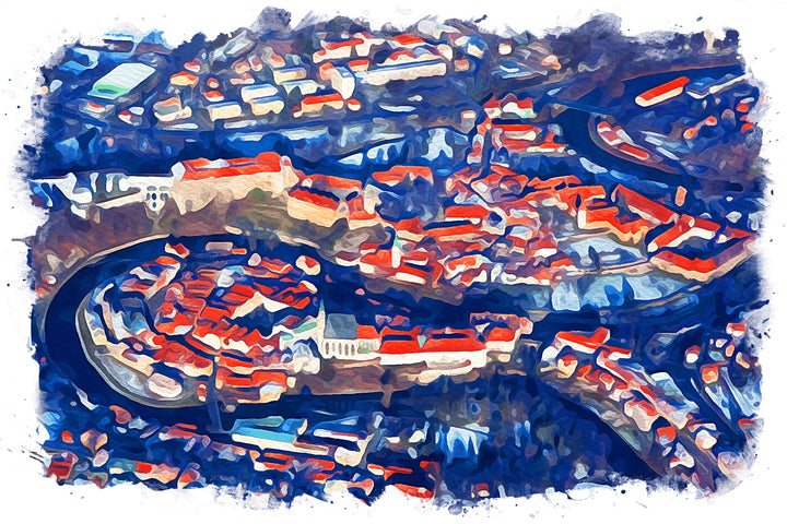 Wadi Home abstract cityscape wall art with vibrant blues and reds, depicting an urban landscape with painterly flair.