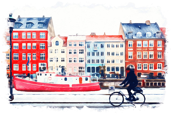 Wadi Home watercolor print of a European canal scene with a red boat, colorful buildings, and a person cycling.