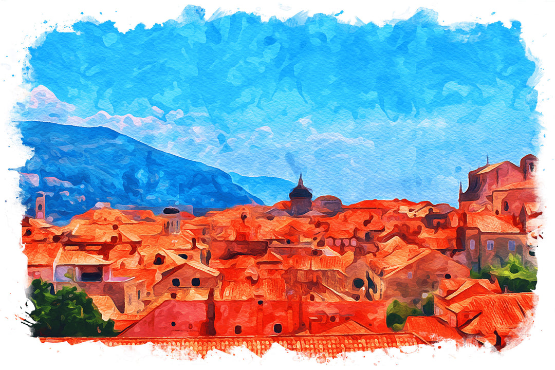 Wadi Home watercolor cityscape wall art featuring terracotta rooftops under a bright blue sky, framed canvas print.