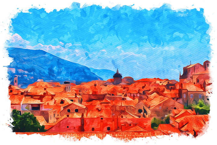 Wadi Home watercolor cityscape wall art featuring terracotta rooftops under a bright blue sky, framed canvas print.