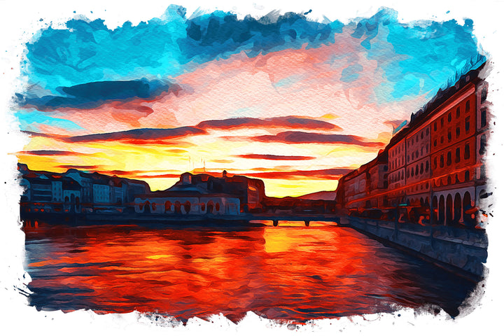 Wadi Home vibrant cityscape sunset canvas print with fiery orange water reflections and blue sky.