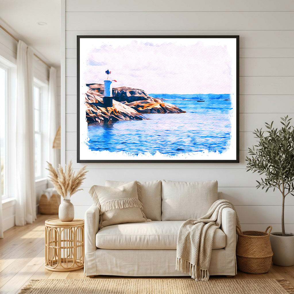 Wadi Home coastal lighthouse landscape watercolor art print featuring a lighthouse on rocky shores overlooking the blue ocean.