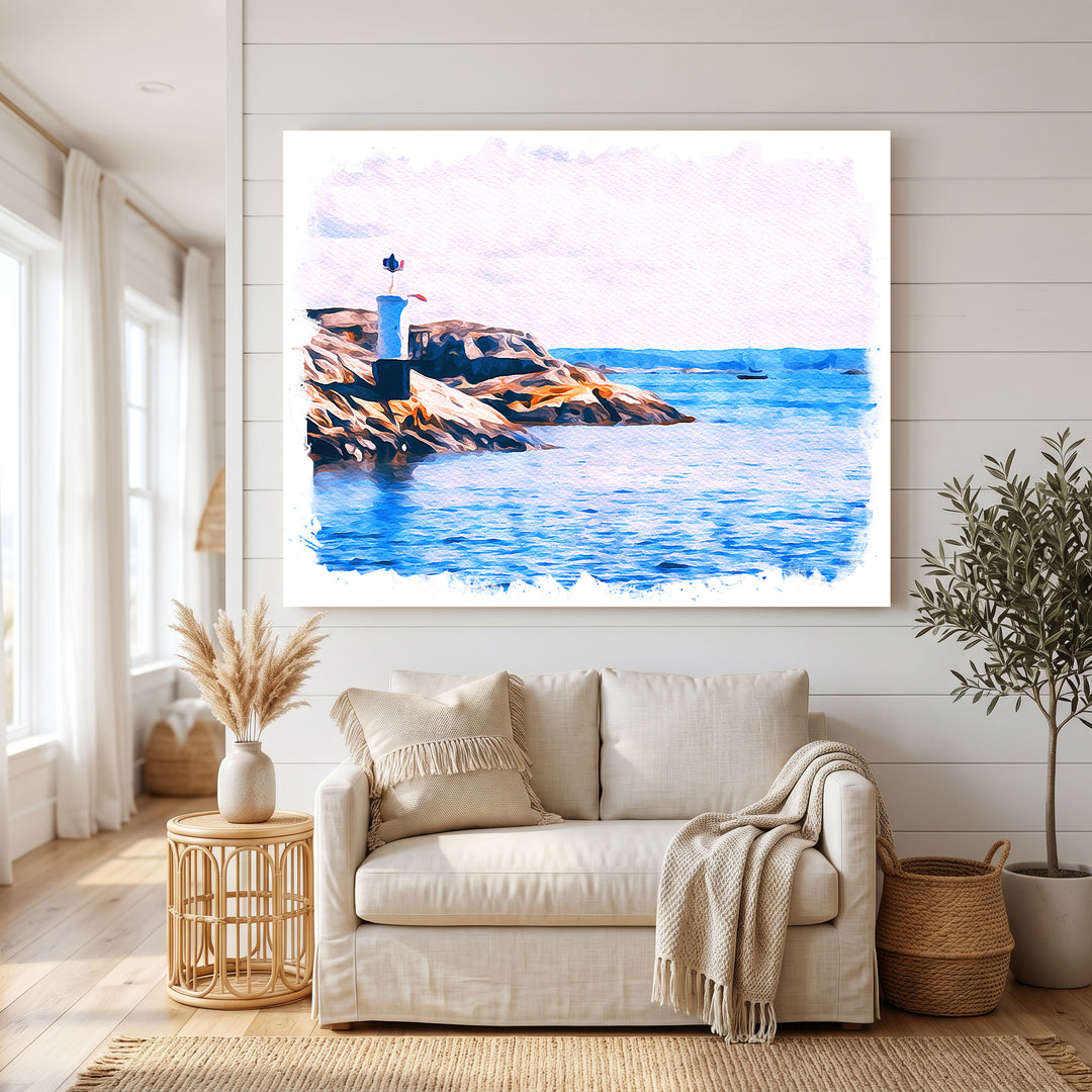 Wadi Home coastal lighthouse landscape watercolor art. Blue ocean, rocky shore, and white lighthouse.